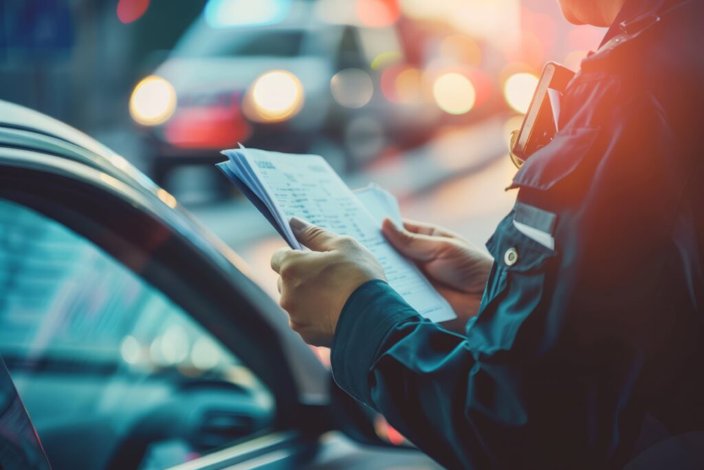 Police officer holding traffic tickets during a roadside stop with blurred car lights in the background.