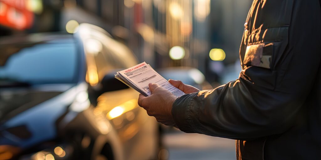 Person holding multiple traffic tickets beside a parked car on a city street